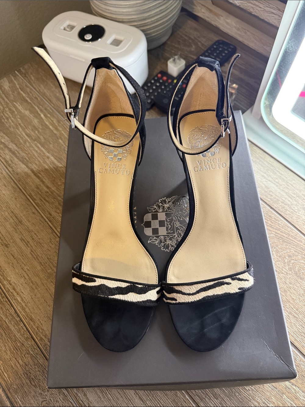 Vince Camuto Black Suede Heels with Zebra-Print Front Strap